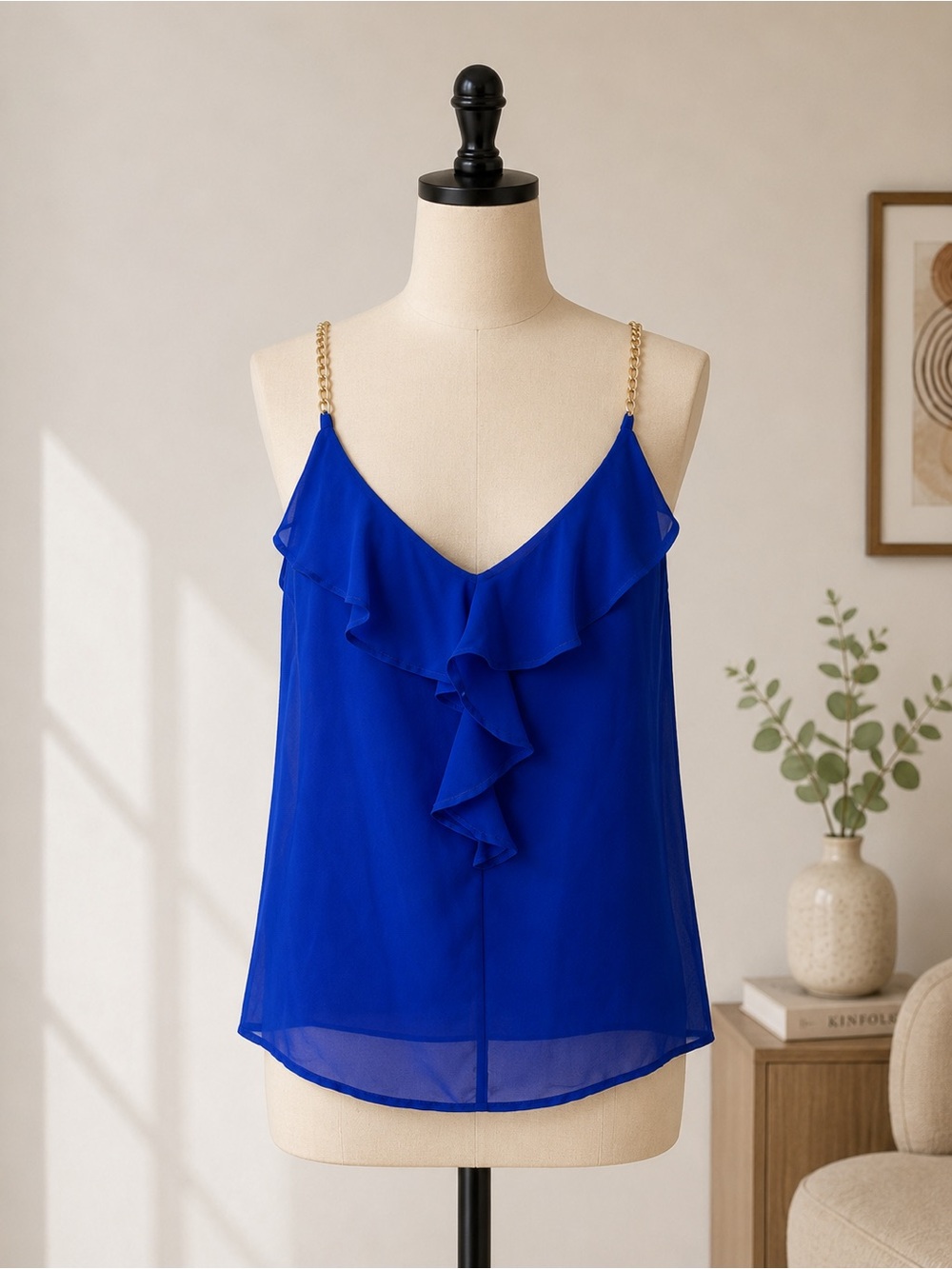 Charlotte Russe Royal Blue Ruffle V-Neck Camisole with Gold Chain Straps